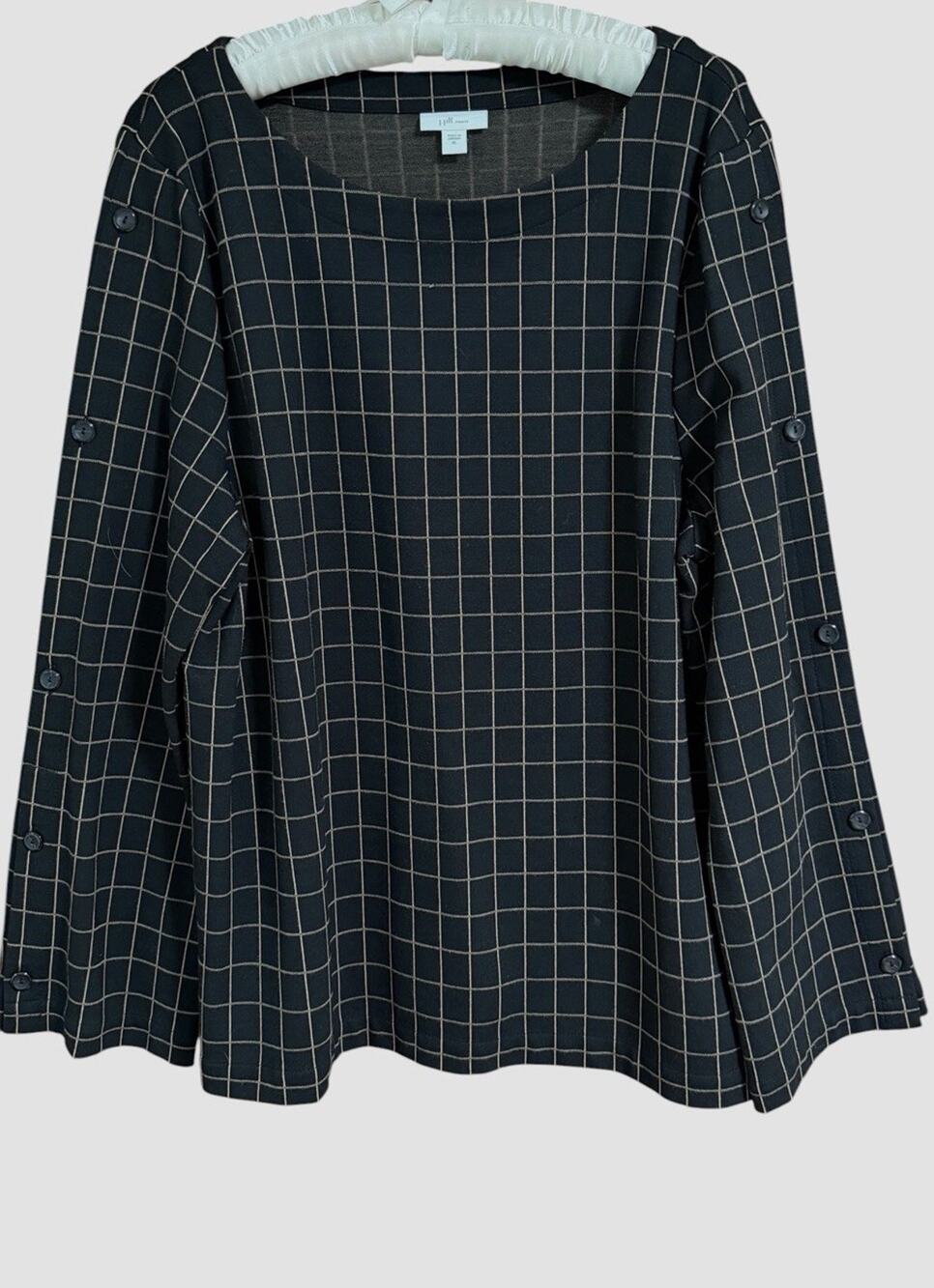 J. Jill Women’s Ponte Knit Black Tan Wide Button Sleeves Boat Neck Top Size XL